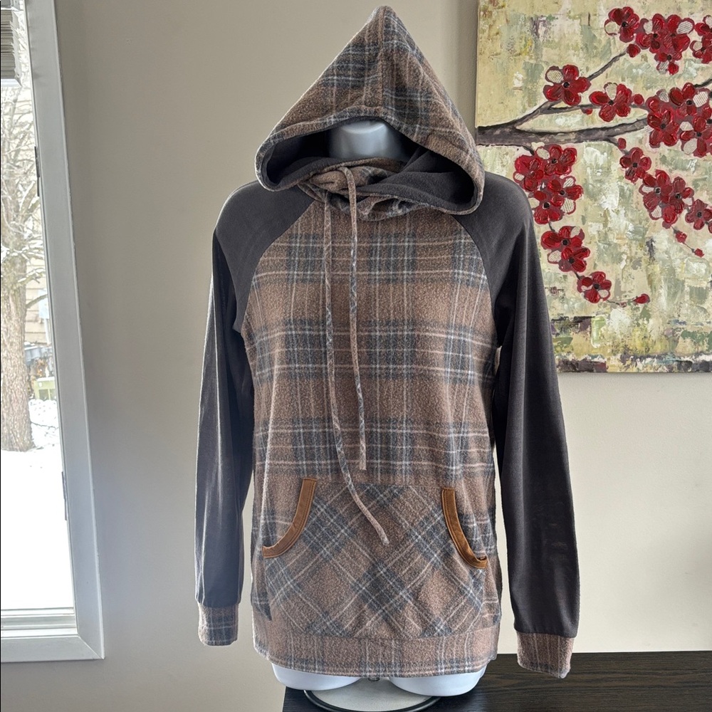 7th Ray lightweight plaid elbow patch hooded pullover
